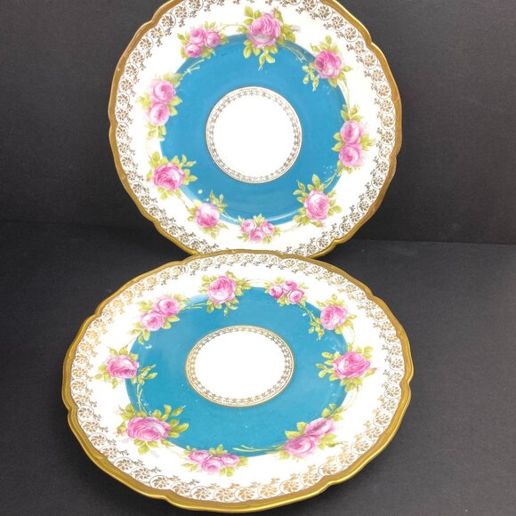 Imperial Crown China Austria Vienna Other - Set 2 Imperial Crown China Austria Vienna 9.5” Plates, Pink Roses & Teal Center